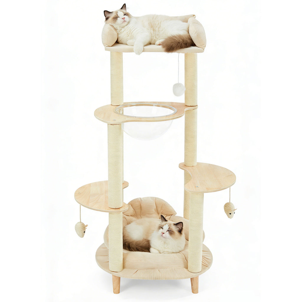 Modern Heavy-Duty No-Drill 4-Tier Solid Wood Cat Tree- 45.7in Multi-Cat Tower With Cozy Bed, Capsule & Extra Wide Perch