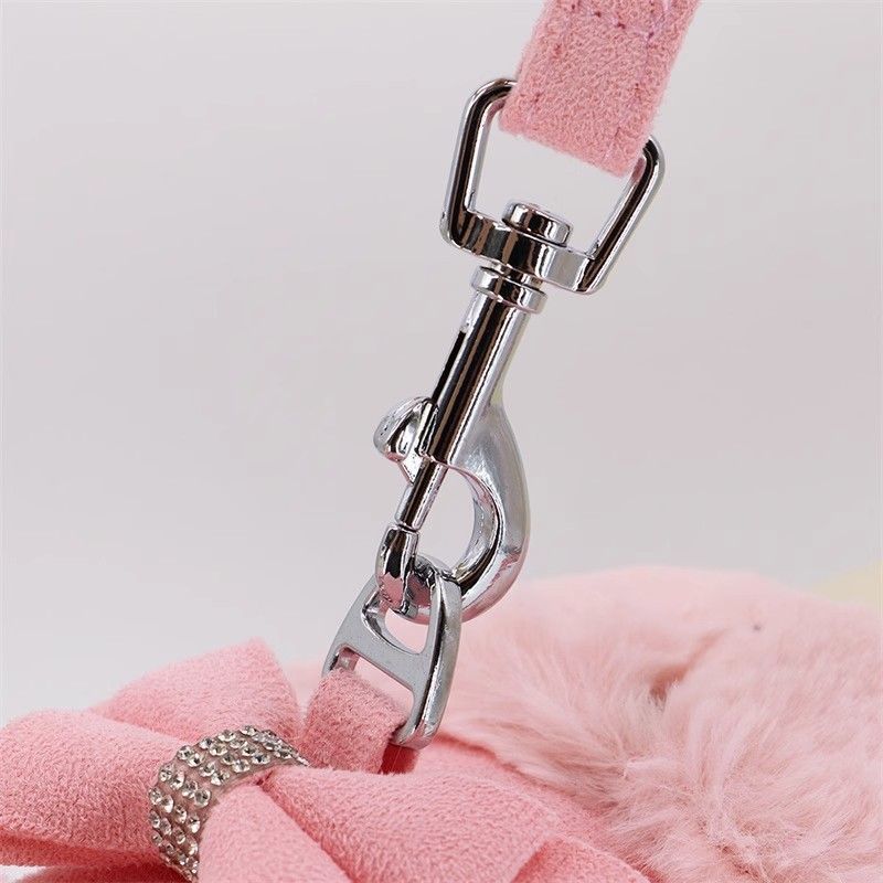 Cute Warm Small Dog Harness And Leash Set With Bow Tie, Soft Padded Puppy Harness With Removable Fur Collar, Adjustable Girl Dog Harness With Quick