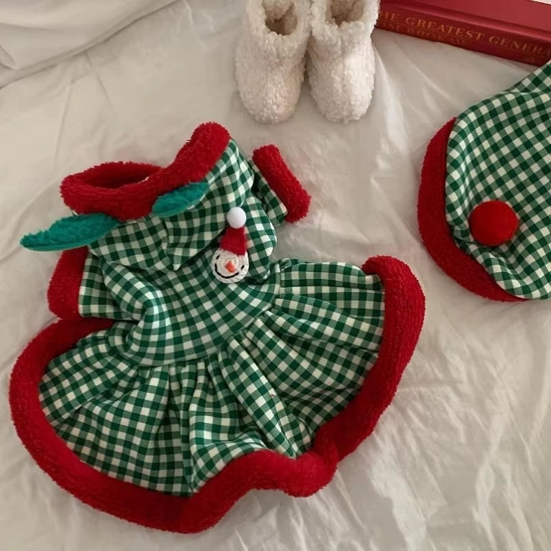 Fashion Plaid Dog Hoodies Christmas Pet Princess Dress Winter Warm Puppy Pullovers Snowman Pattern Cat Skirt Bichon Dog Clothes