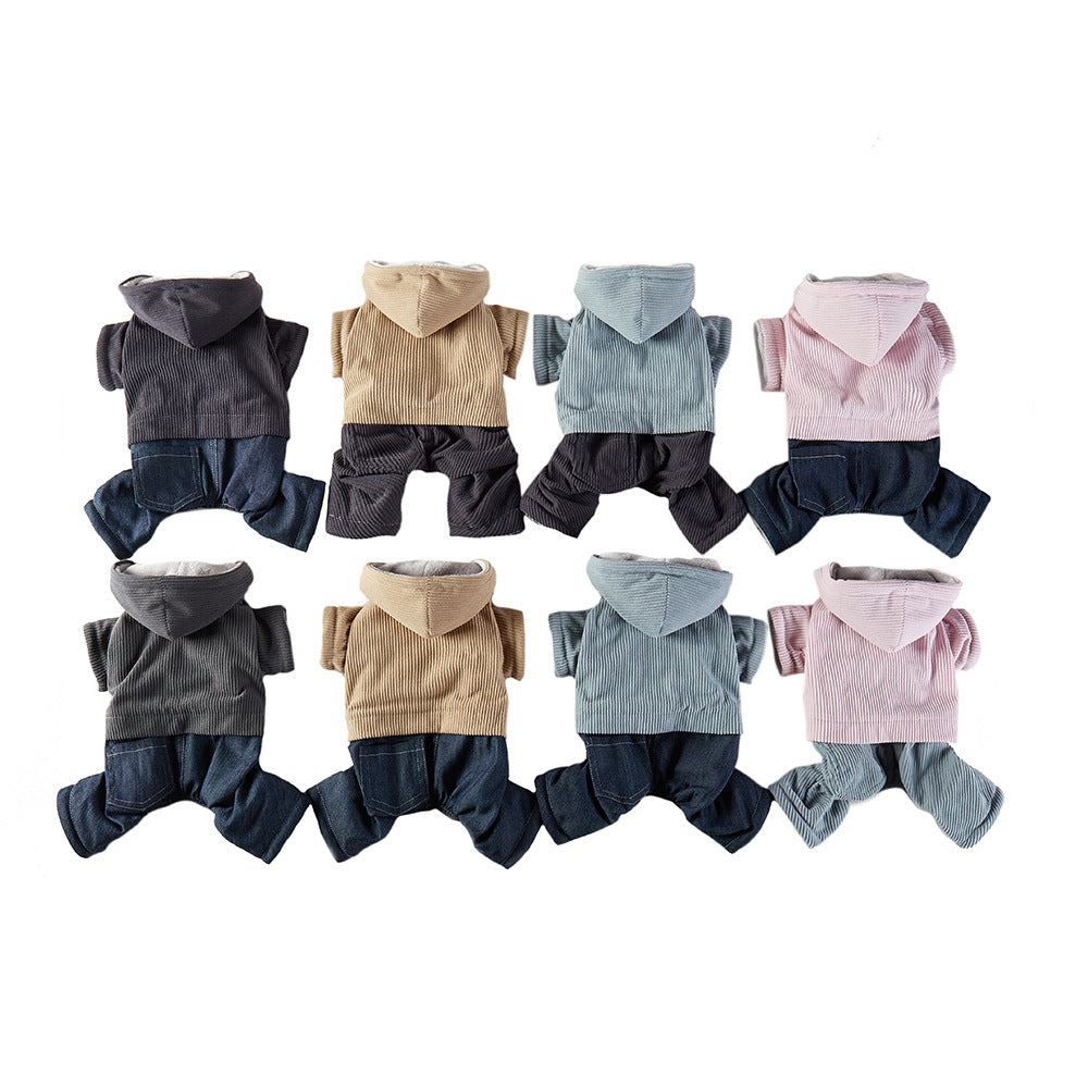 Corduroy Pet Four-legged Hooded Fleece Lined Coat