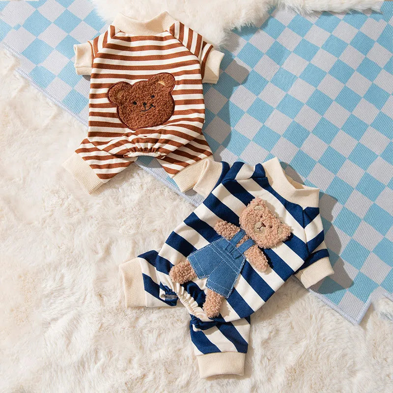 Autumn And Winter Dog Cute Bear Striped Four-legged Home Clothes Cat Home Pet Four-legged Air Conditioning Clothes Puppy