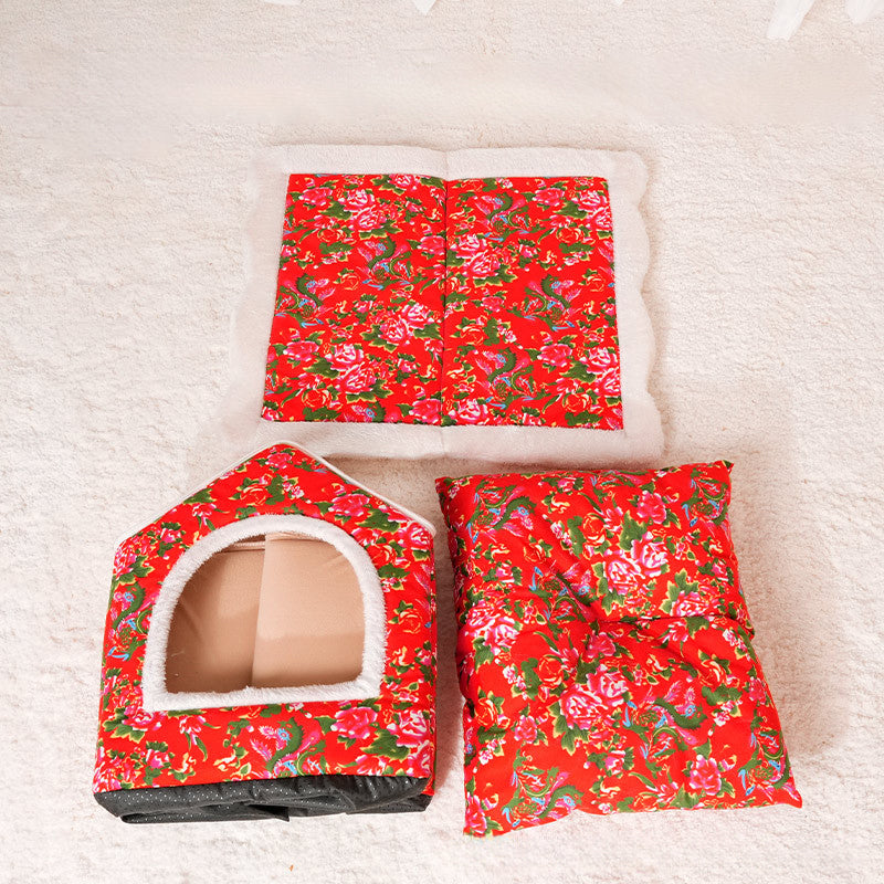 Chinese Style Cat Nest For Winter, Warm And Closed Cat House, Safe, Universal, For All Four Seasons, Super Large, Large Flower Jacket