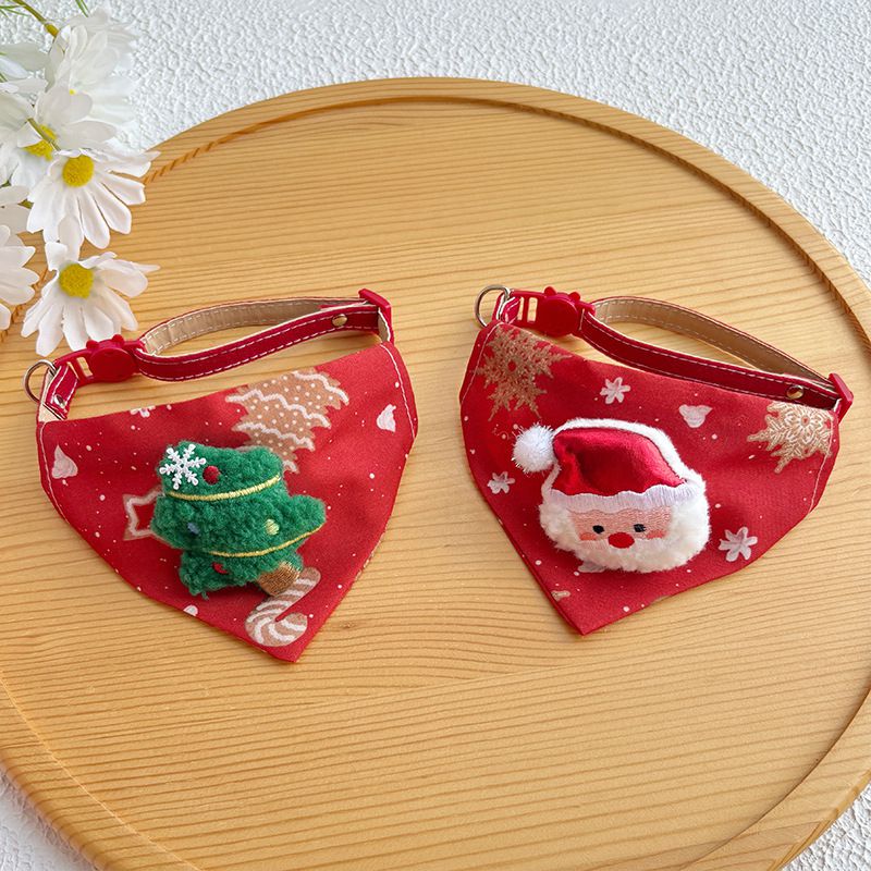 Christmas Pet Large Handkerchief Scarf, Red Santa Claus And Christmas Tree Pattern, One Size Suitable For All 9.06-15.75 Inches.Adjustable Festival