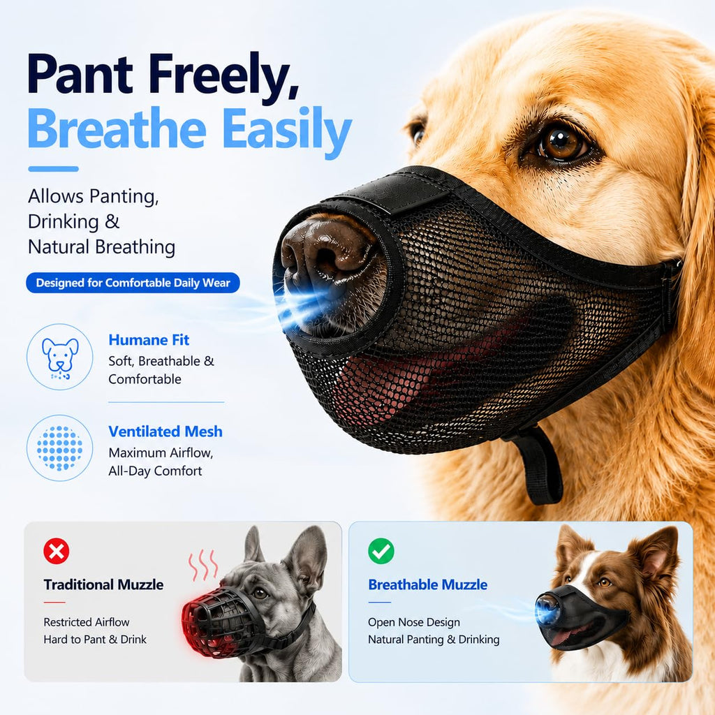 Dog Muzzle, Soft Air Mesh Muzzles For Large Sized Dogs, Breathable Dog Mussels For Scavenging Biting Licking & Barking, Adjustable Mouth Guard With