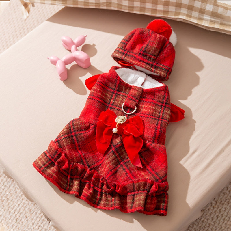In Winter, Add A Plush Bow And A Chanel-style Dress To Make A Warm Two-legged Dog Pet Outfit For Your Kitten In Autumn And Winter
