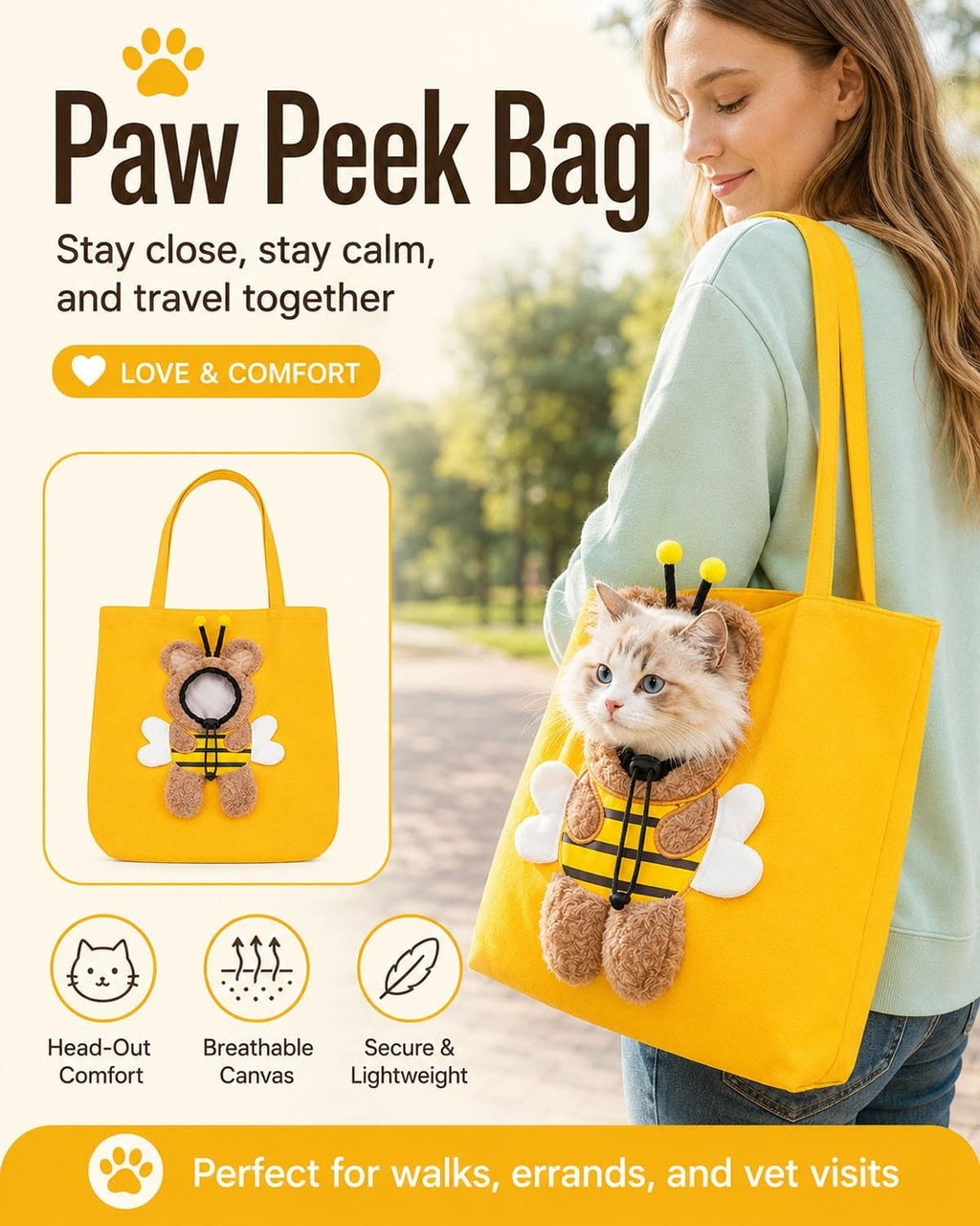 Paw Peek Bag, Breathable Pet Canvas Shoulder Carrier, Cat Dog Tote Colorful Animal Shapes Carrying Bag With Head-Out Design Adjustable Neck Small Dog