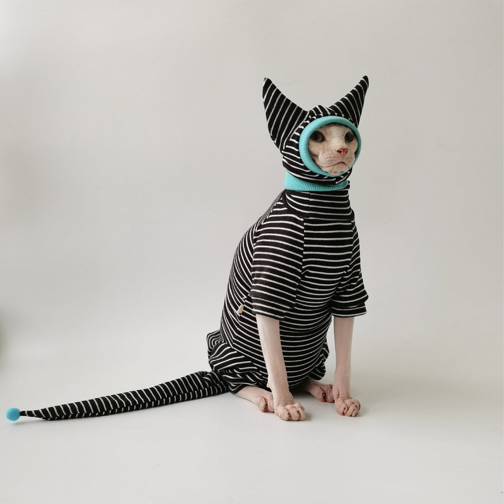 Sphynx Cat Striped Pyjamas Four Legged Clothing with Tail and Hat