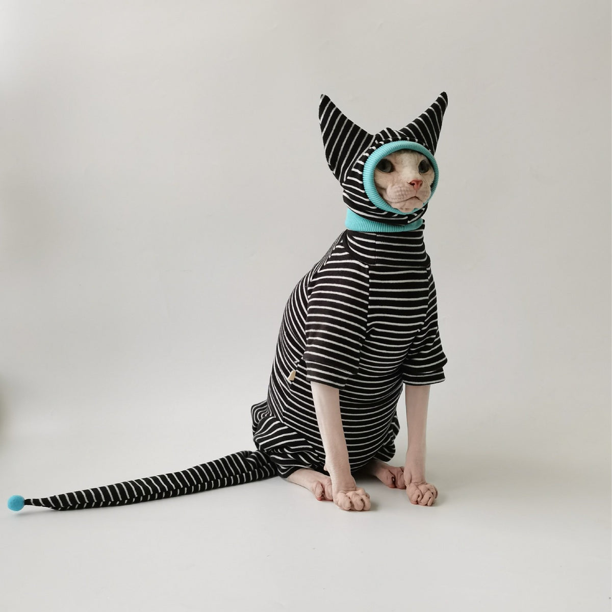 Sphynx Cat Striped Pyjamas Four Legged Clothing with Tail and Hat