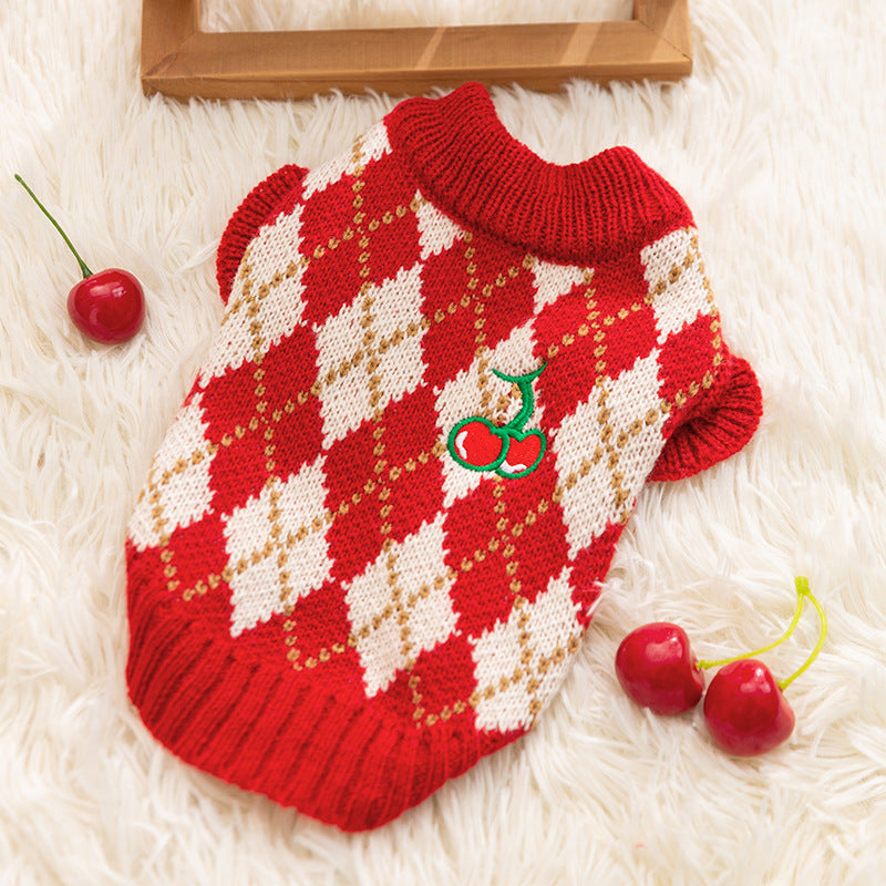 Thick And Warm Diamond-shaped Embroidered Cherry Small Flying Sleeve Sweaters For Dogs In Autumn And Winter, As Well As Pet Clothes For Small And