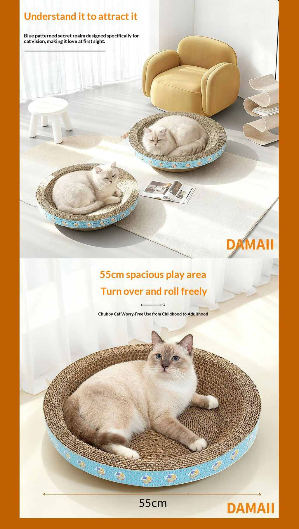 Extra Large Round Wear-Resistant Corrugated Cardboard Cat Scratcher Bowl & Low-Shedding Sofa Protector.