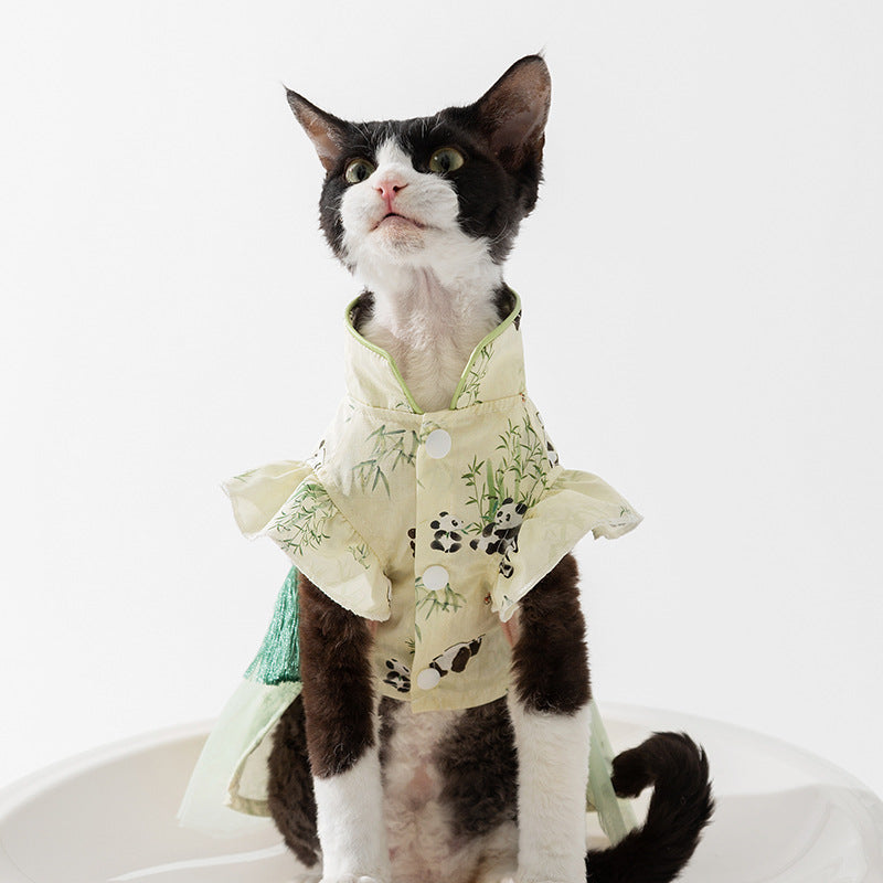 Sphynx Cat Summer Dress With Buckle For Leash Pandas Bamboo Pattern