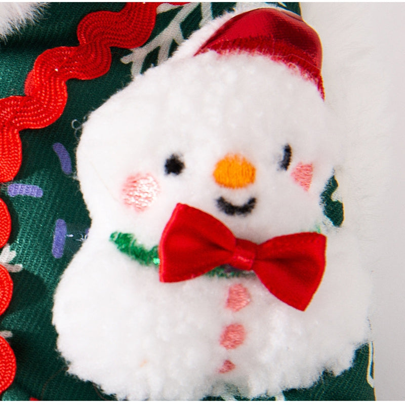 Christmas Dog Shirt With Snowman Patch, Warm Plush Pet Winter Clothes For Small Dogs, Green Holiday T-Shirt With Christmas Tree Print And D-Ring