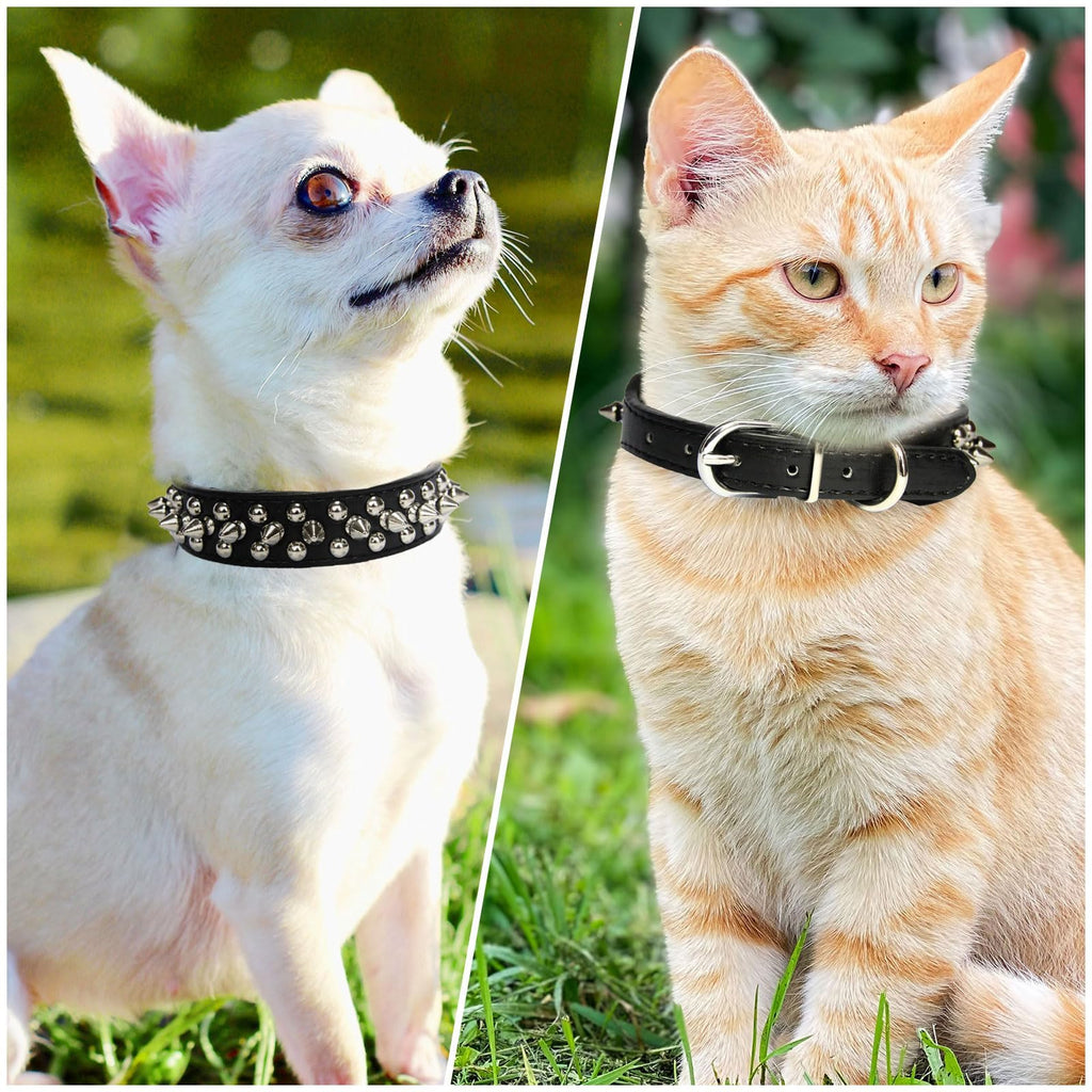 Small Spiked Black Dog Cat Collar For Small Medium Dogs Boy Male - Adjustable Studded Puppy Collars - Soft Padded Punk Leather Dog Collar For