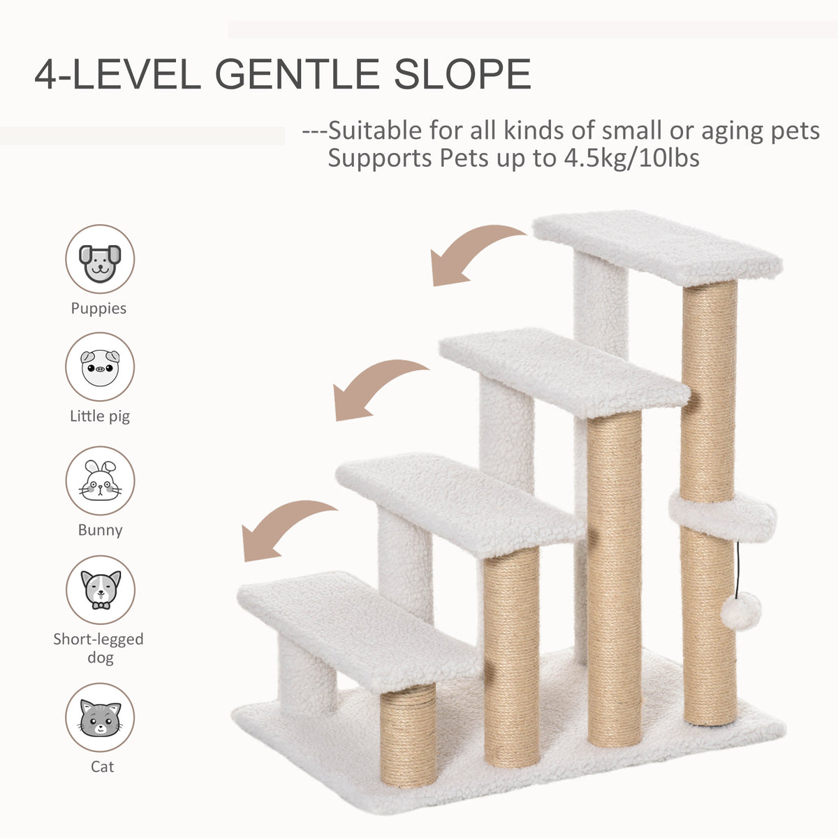 4 Levels Cat Steps with Scratching Posts for High Bed, Sofa, White