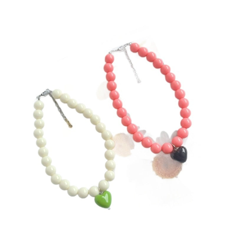 Color-block Heart-gradient Necklace With A Cat
