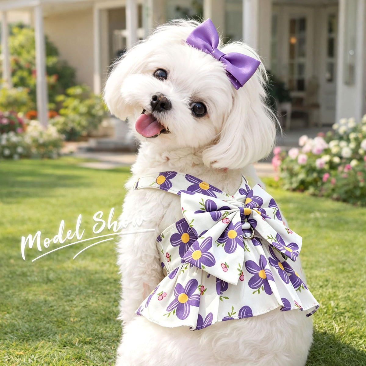 2Pack Small Dog Harness Dress For Girl Puppy Cat Dress With Flower Pattern Bow Adjustable Breathable Lining Back D-Ring Cute Outfits For Small Puppy