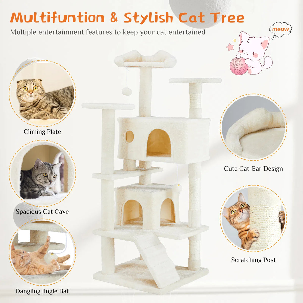 Multi-functional cat tree house cat climbing frame, lounge and recreation area detachable toy, 54in