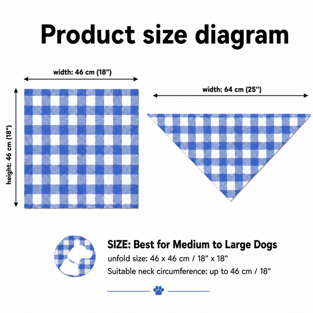 Blue & White Plaid Dog Bandana 1 Pack, Soft Cotton Blend Square Pet Scarf For Medium Dogs, Lightweight Breathable Kerchief, Fits Neck Up To 18 Inches