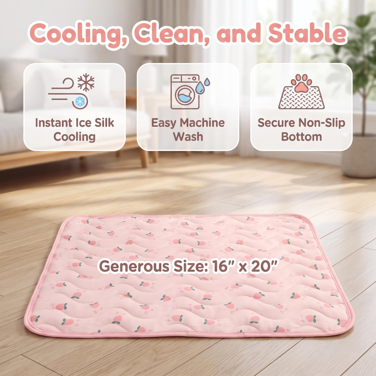Self-Cooling Pet Mat For Dogs & Cats Foldable Summer Cooling Pad With Fruit Print Washable Dog Bed For Crate Floor Sofa & Car-Pink Cherry Style