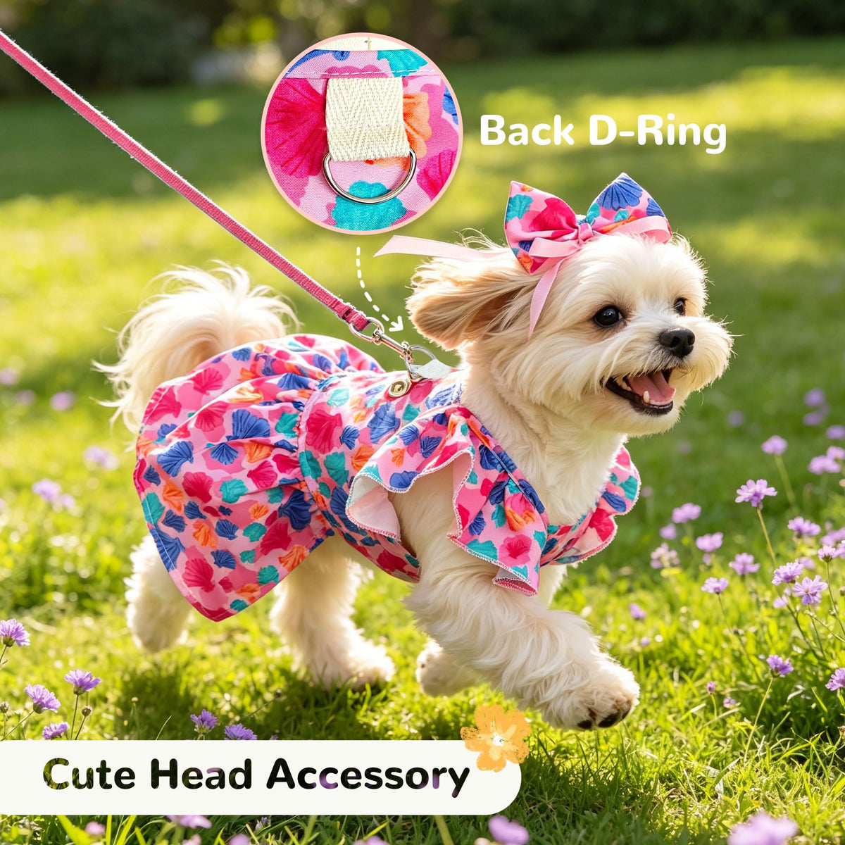 Cute Floral Small Dog Cat Harness Dress Outfits With Bow & Leash D-Ring,Soft Breathable Summer Ruffle Puppy Clothes Girl,3-Way Styling Female Dog