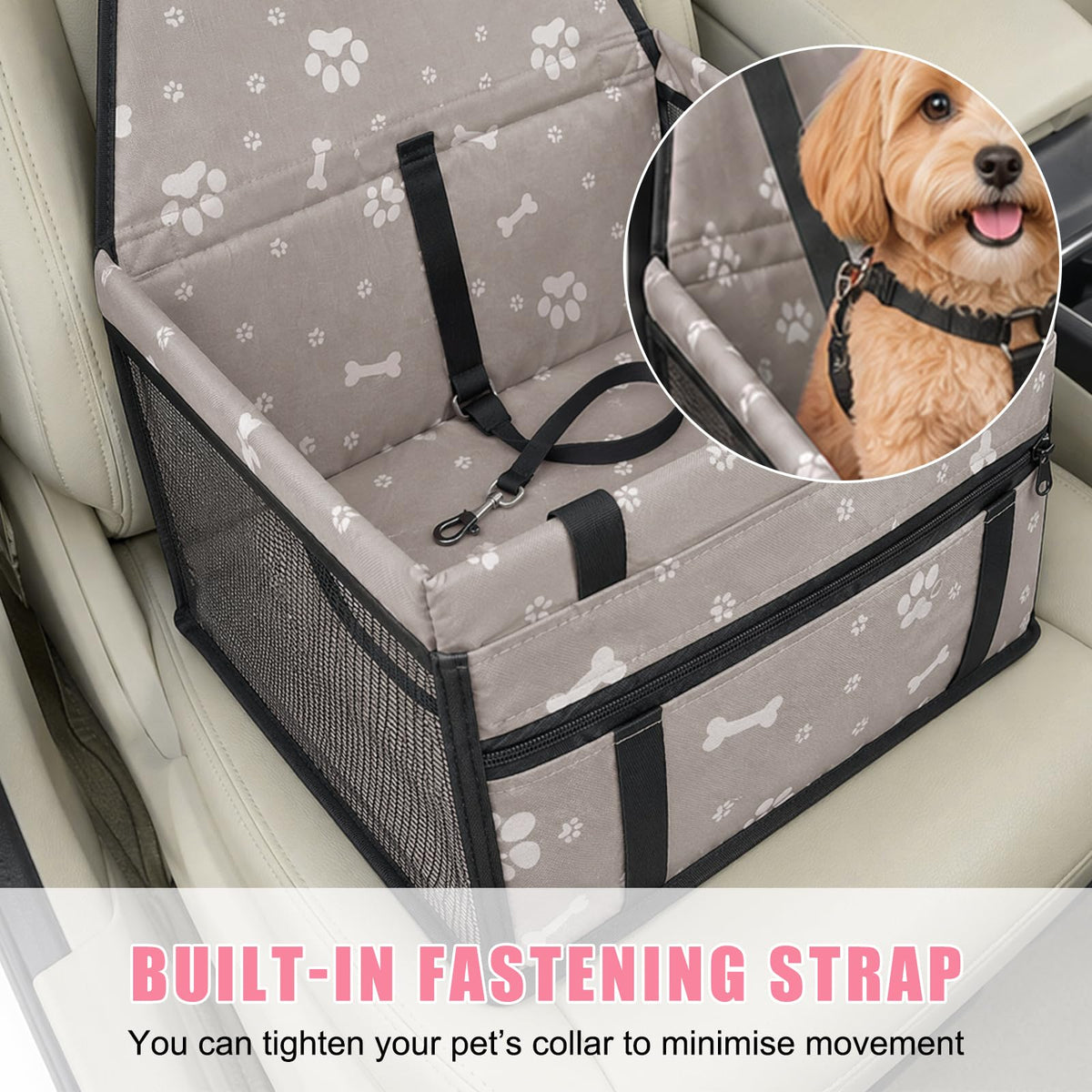 Pet Car Seat, Breathable Foldable Cat Dog Car Booster Seat With Safety Leash & Mesh Window, Waterproof Oxford Cloth Vehicle Travel Basket For Small
