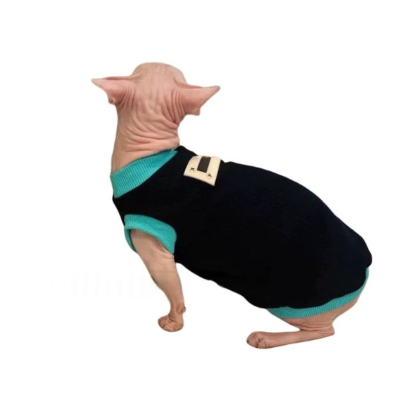 Sphynx Cat Black T-shirt Blue Trim Cotton Sleeveless Spring Summer Clothes for Hairless Cats
